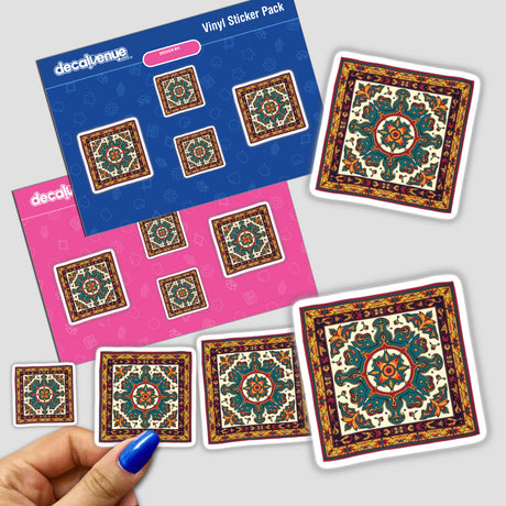 Hand holding colorful stickers featuring Fall Aesthetic Boho Mandala Bandana Clipart, perfect for vintage style bandanas or commercial use downloads.