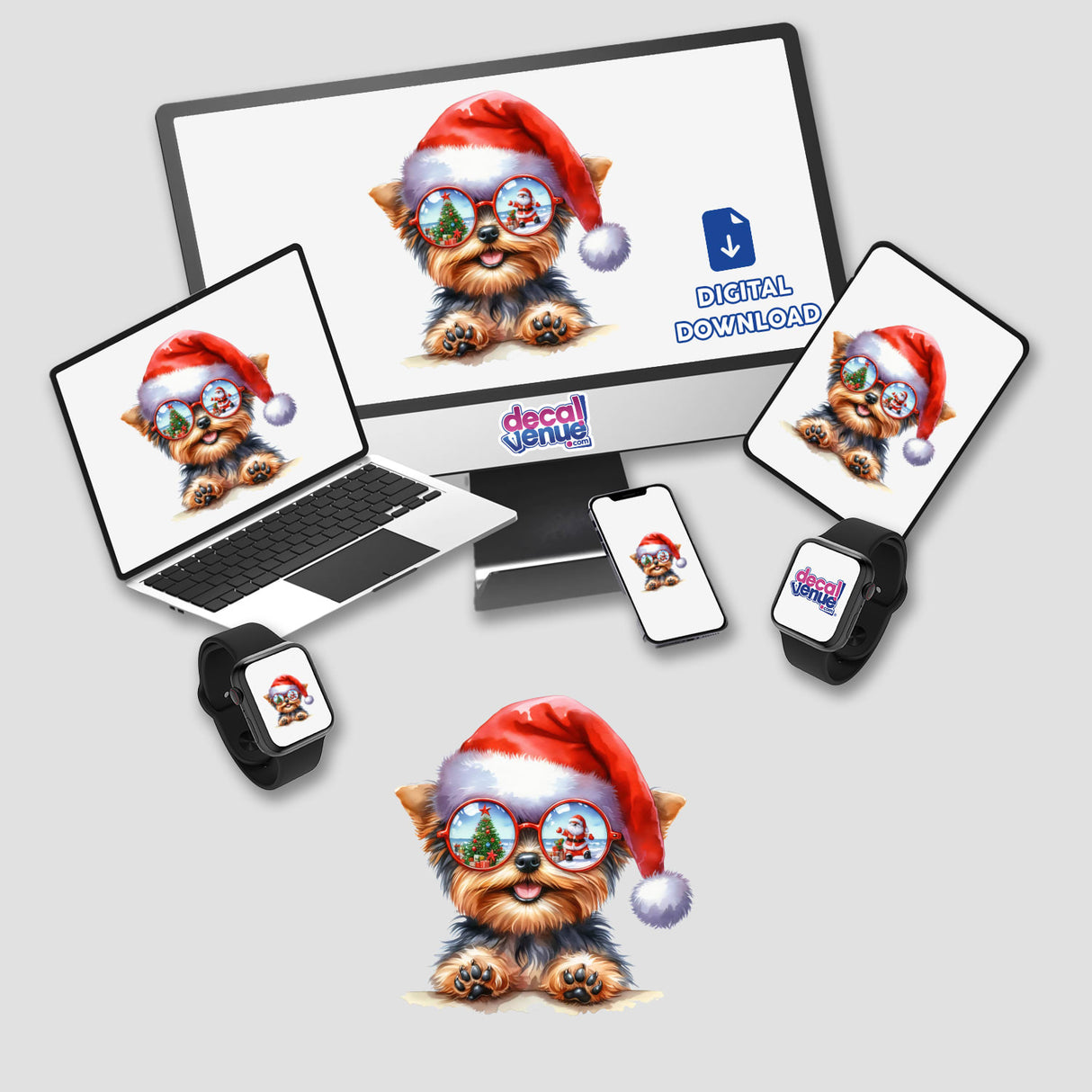 Christmas Santa Yorkie with Sunglasses displayed on a laptop and phone screen. The dog wears a Santa hat and sunglasses, available as stickers or digital artwork from Decal Venue.