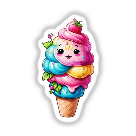 Happy ice cream cone cartoon with a smiling face, available as stickers or digital artwork from Decal Venue.