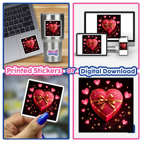 Collage featuring a Heart-Shaped Box of Chocolates with Gold Ribbon, depicted in various angles, highlighting its elegant packaging. Available as stickers or digital artwork from Decal Venue.