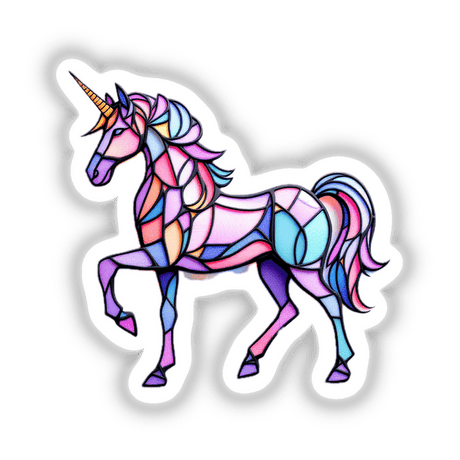 Unicorn Stained Glass Style: A detailed stained glass unicorn with a horn available as stickers or digital artwork, embodying Decal Venue's unique artistic flair.