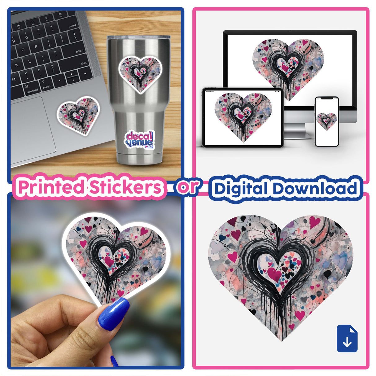 Collage featuring 'Heart Shape Lyrical Abstract Love' stickers on a laptop and cup, showcasing diverse heart designs, emphasizing unique sticker artistry from Decal Venue.