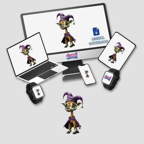 Whimsical Giraffe in Jester Hat and Purple Cape displayed on various devices, showcasing its availability as stickers or digital artwork.