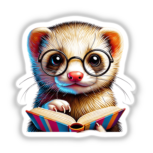 Ferret With Reading Glasses Open Book: A cartoon ferret wearing glasses engrossed in reading an open book, available as stickers or digital artwork from Decal Venue.