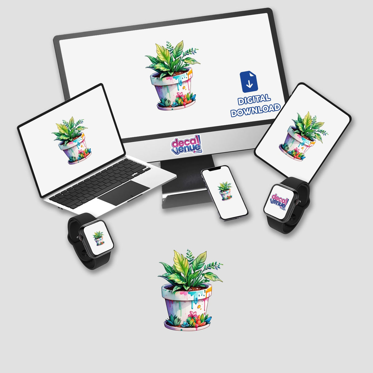 Botanical Sticker | Tropical Potted Plant for a Lush Aesthetic: Computer monitor and laptop display vibrant digital artwork of a potted plant, highlighting unique design available as stickers or digital art.