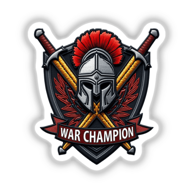 War Champion logo featuring a warrior helmet with red and black feathers and crossed swords, available as stickers or digital artwork.