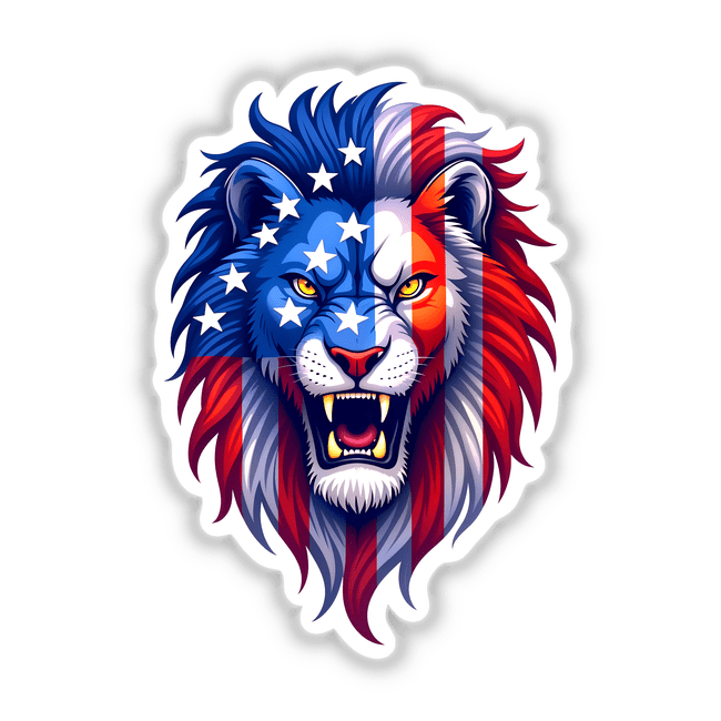 A Cool American Flag Lion illustration featuring a cartoon lion adorned with a flag motif, available as stickers or digital artwork, capturing the unique style offered by Decal Venue.