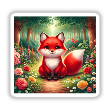 Fox on a Woodland Path Watercolor Illustration, featuring a cartoon fox in a forest setting. Available as stickers or digital artwork, perfect for adding charm to any space.