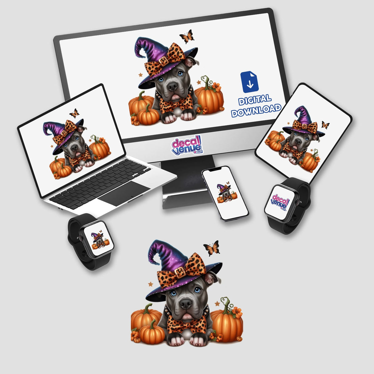 Resting Halloween Pitbull Witch w/Pumpkins: A digital artwork featuring a pitbull in a witch hat and bow tie, resting amid pumpkins, displayed on various devices like a computer and laptop.