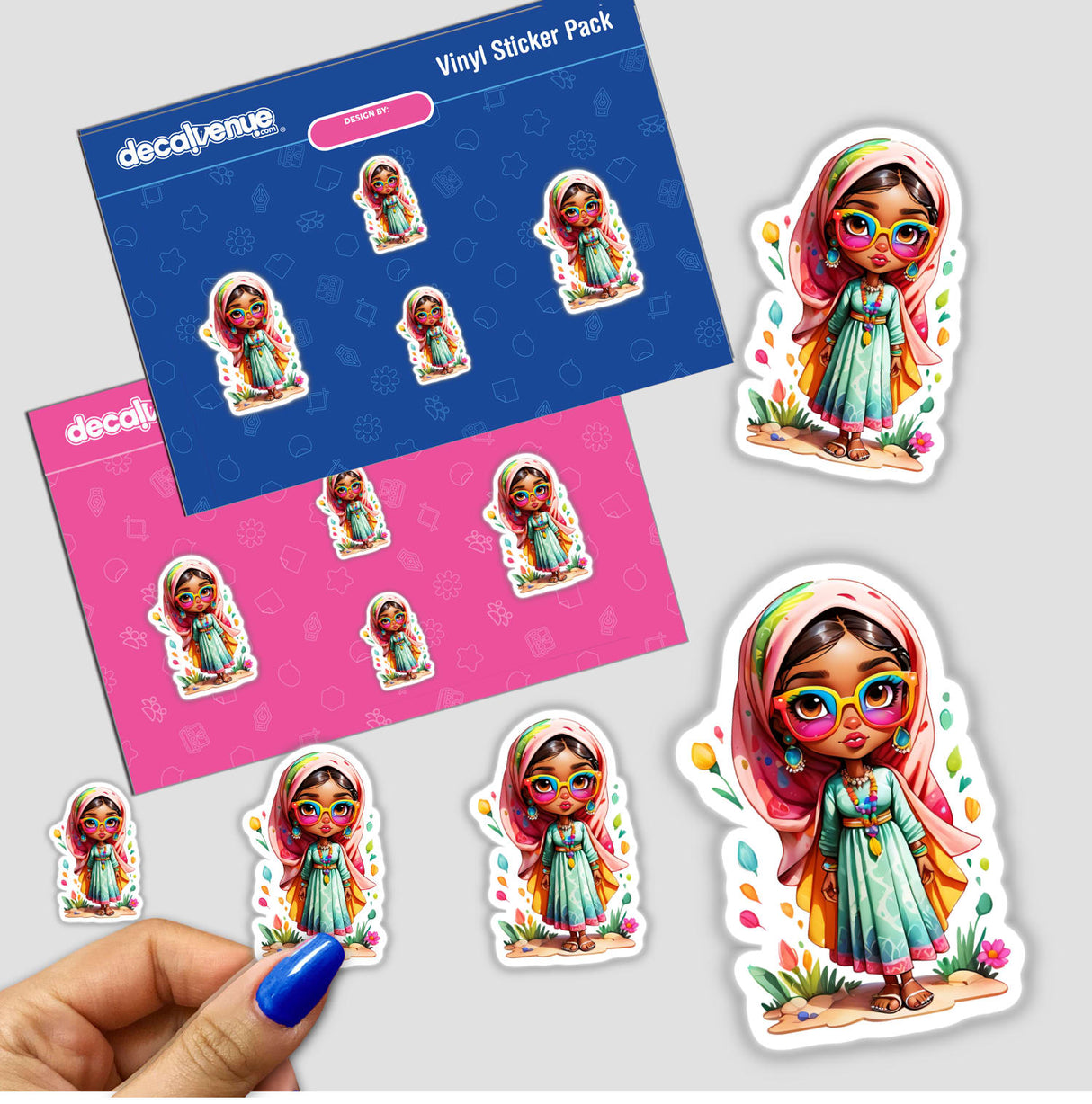 Stickers featuring a fashionable Arabic girl in various cartoon styles, available as physical stickers or digital artwork.