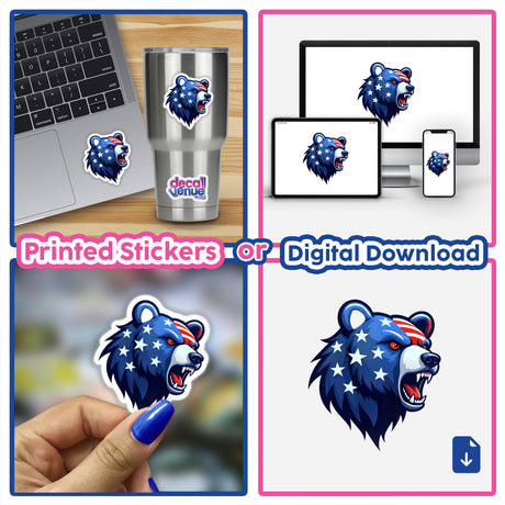 Collage featuring A Cool American Flag Bear sticker on a laptop, showcasing a bear with stars and stripes, available as stickers or digital artwork from Decal Venue.