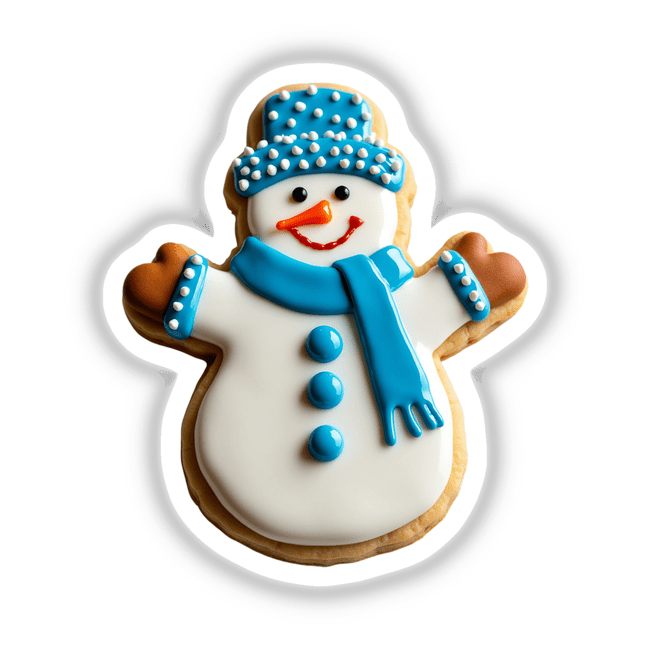 Adorable Winter Snowman Christmas Cookie Design featuring a snowman cookie with intricate blue and white frosting, perfect for stickers or digital artwork.