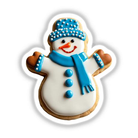 Adorable Winter Snowman Christmas Cookie Design featuring a snowman cookie with intricate blue and white frosting, perfect for stickers or digital artwork.