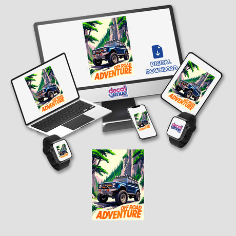 Off Road Adventures 4x4 Car displayed on a laptop and monitor, showcasing a rugged jeep design, available as unique stickers or digital artwork from Decal Venue.