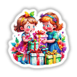 Christmas Surprise: Cute Kids with Presents Sticker featuring two cartoon girls holding wrapped gifts. Available as stickers or digital artwork from Decal Venue.