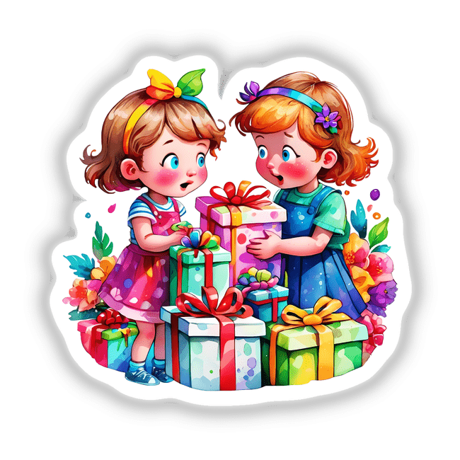 Christmas Surprise: Cute Kids with Presents Sticker featuring two cartoon girls holding wrapped gifts. Available as stickers or digital artwork from Decal Venue.