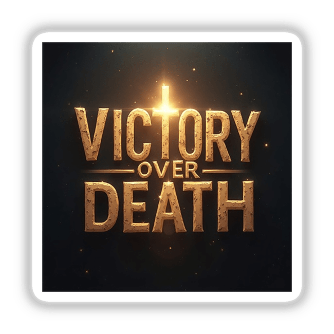 Victory Over Death - Christian Easter Sticker or Clipart featuring elegant gold text on a black background, available as stickers or digital artwork with commercial rights.