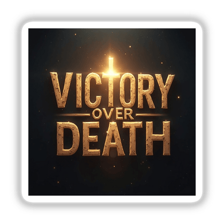 Victory Over Death - Christian Easter Sticker or Clipart featuring elegant gold text on a black background, available as stickers or digital artwork with commercial rights.