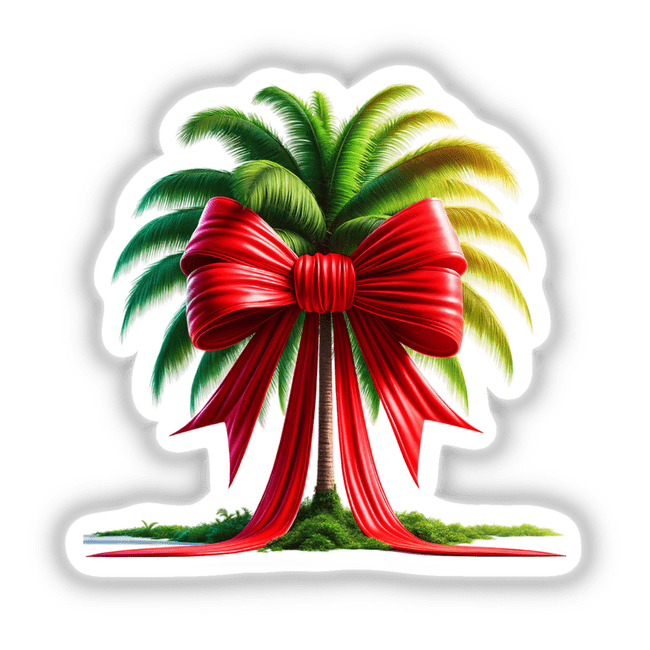 Festive palm tree with vibrant red bow, digital artwork for stickers and downloads.