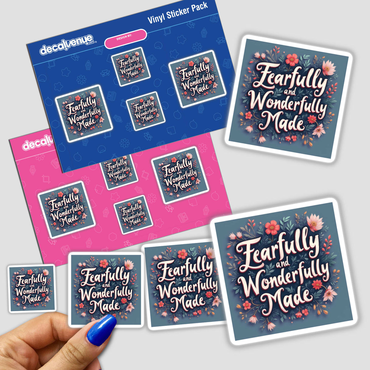 Hand holds Fearfully and Wonderfully Made - Psalm 139:14 Christian sticker pack, showcasing detailed Bible verse clipart available as stickers or digital artwork with commercial rights.