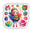 Christmas Delight: Cute Kid Surprised with Presents Sticker features a cartoon girl holding a gift, surrounded by various colorful gift boxes. Perfect for unique stickers and digital art lovers.