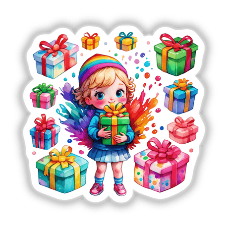 Christmas Delight: Cute Kid Surprised with Presents Sticker features a cartoon girl holding a gift, surrounded by various colorful gift boxes. Perfect for unique stickers and digital art lovers.