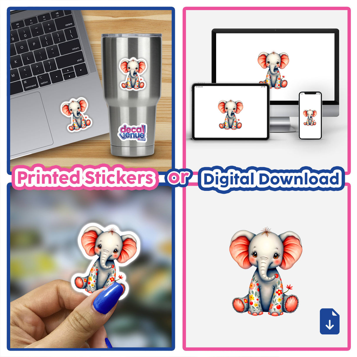 A collage featuring 'A Cute Elephant With Flowers', showcasing stickers and digital artwork of the cartoon elephant, highlighting its floral design, available at Decal Venue.