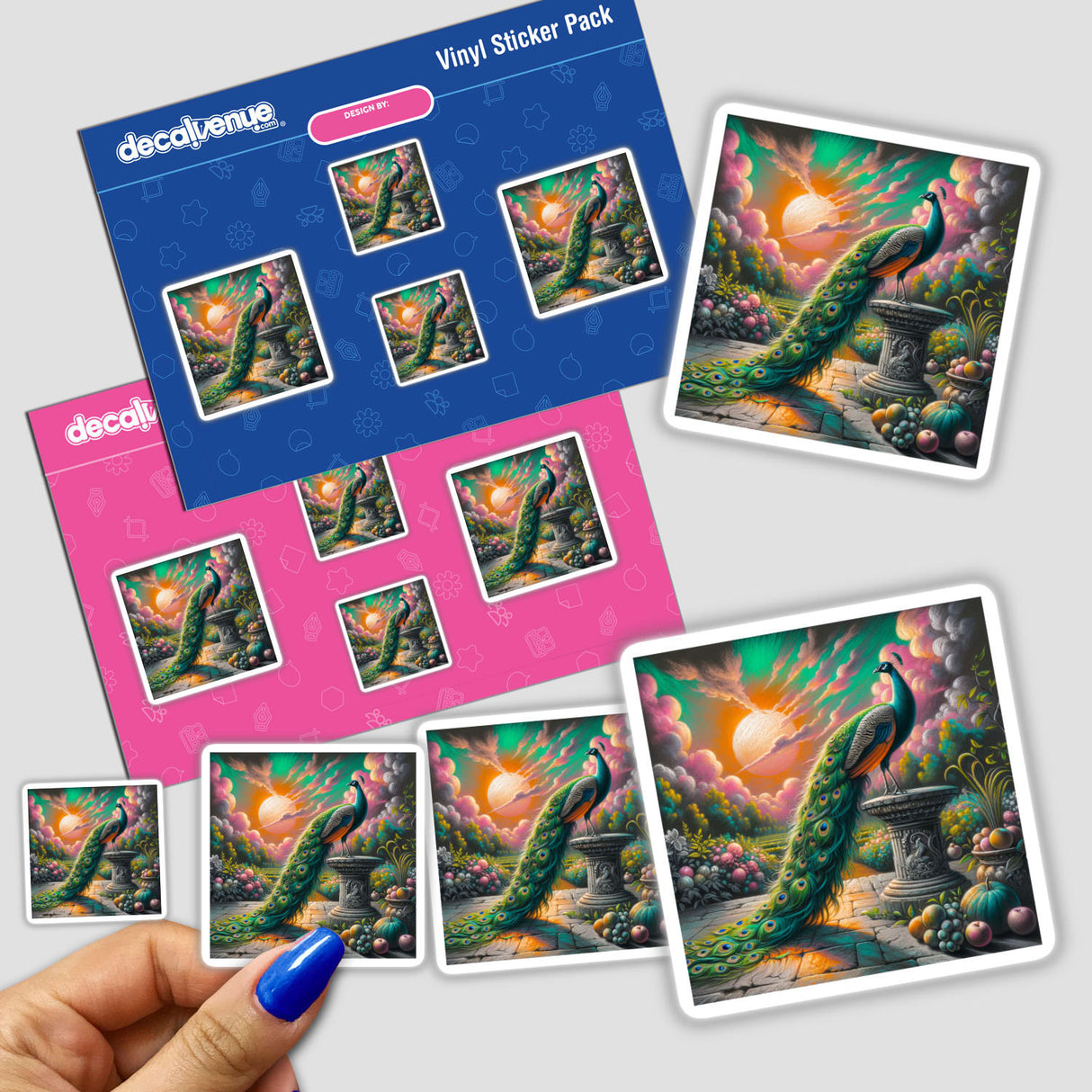 Sticker pack featuring 'Peacock on a Stone Pedestal in a Vibrant Garden,' showcasing a detailed peacock artwork, ideal for personalizing spaces or digital use.