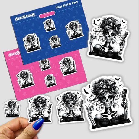 Skeleton Zombie Mama Spooky Hairdresser stickers featuring a woman with an intricate hairdo and a comb, showcasing graphic design and illustration, available as stickers or digital artwork.