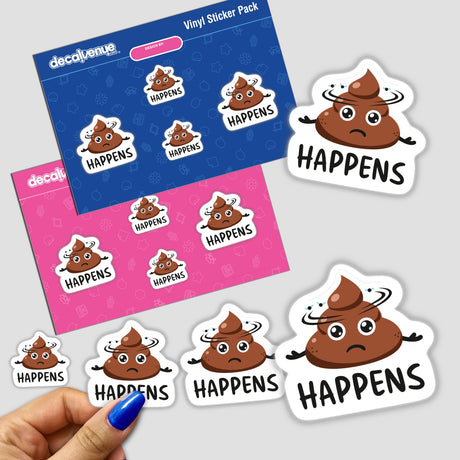 Stickers titled Sh*t Happens featuring cartoon poop with various expressions, available as part of Decal Venue's unique vinyl sticker and digital art collection.