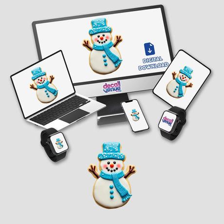 Cute Frosty the Snowman Festive Christmas Cookie design displayed on various digital devices, including a computer monitor, laptop, tablet, smartphone, and smartwatch. Available as Stickers or Digital Artwork.