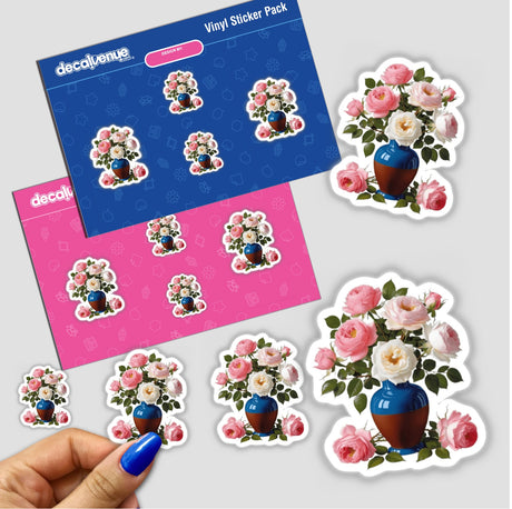 Sticker pack featuring pink and white roses in a vase. Available as Beautiful Flower Bouquet Clipart - Pink and White Roses in Vase - Stickers or Download with Commercial Rights.