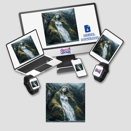Mountain Lady digital artwork displayed on a computer monitor and laptop, featuring a woman in a moss dress. Available as stickers or digital artwork from Decal Venue.
