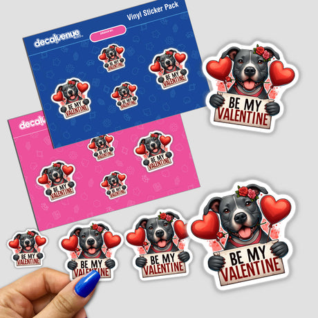 Pitbull Be My Valentine sticker featuring a cartoon dog holding a sign and heart-shaped balloons. Ideal for lovers of unique vinyl designs or digital art, available at Decal Venue.