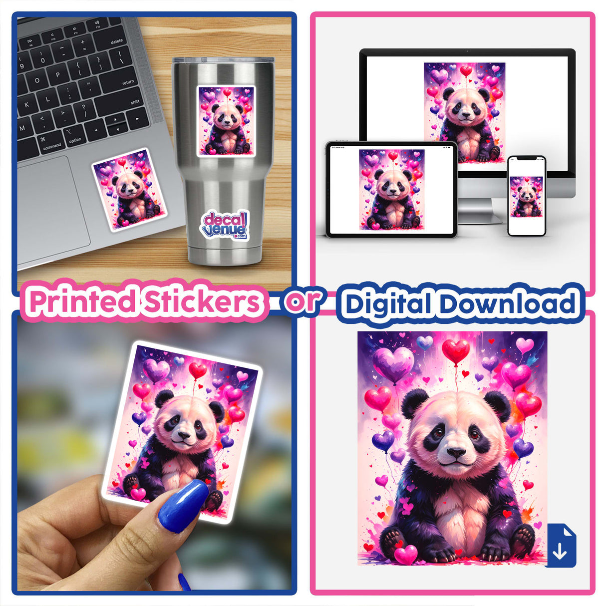 A collage featuring A Cute Panda Bear With Love Hearts sticker displayed on a laptop, showcasing a playful panda surrounded by hearts. Available as stickers or digital artwork from Decal Venue.