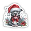 Happy Christmas Pitbull Santa features a pitbull in a Santa hat and bow tie, available as stickers or digital artwork. Perfect for festive decoration from Decal Venue's unique collection.