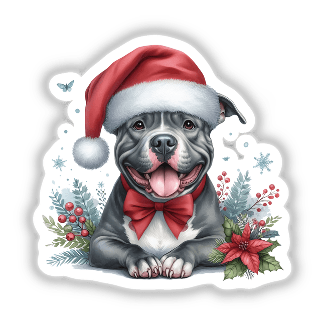 Happy Christmas Pitbull Santa features a pitbull in a Santa hat and bow tie, available as stickers or digital artwork. Perfect for festive decoration from Decal Venue's unique collection.