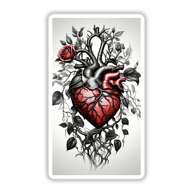 Thorns & Vines Heart: A detailed artwork featuring a heart entwined with vines, leaves, and flowers, available as stickers or digital art.