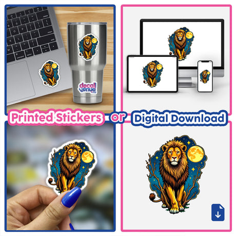 Collage showcasing Cool Lion With A Starry Night as stickers and digital artwork, featuring a cartoon lion against a night sky backdrop, perfect for laptops and personal items.