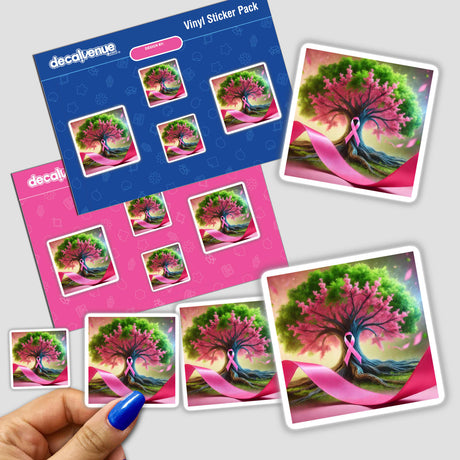 Tree of Life - Pink Ribbon sticker pack featuring a tree with a pink ribbon as the trunk, alongside a close-up of a person's finger holding one sticker.