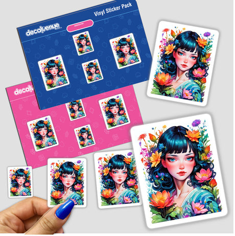 Floral Portrait stickers featuring a woman's face adorned with flowers, capturing a blend of natural beauty and artistic detail. Available as stickers or digital artwork from Decal Venue.