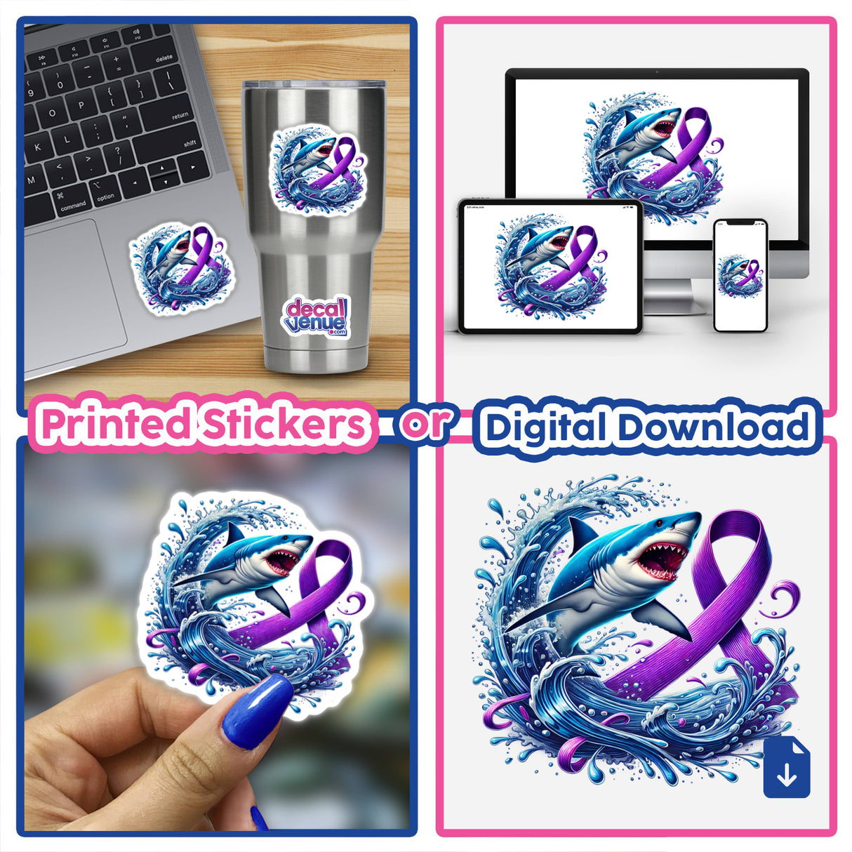 Shark Purple Awareness Ribbon collage featuring a shark and a laptop, highlighting its availability as stickers or digital artwork from Decal Venue, known for unique vinyl stickers and digital art.