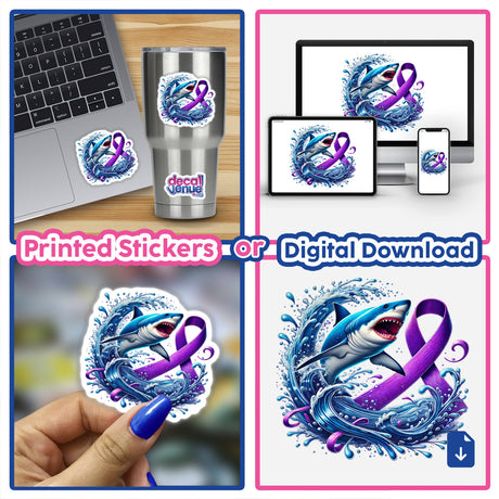 Shark Purple Awareness Ribbon collage featuring a shark and a laptop, highlighting its availability as stickers or digital artwork from Decal Venue, known for unique vinyl stickers and digital art.