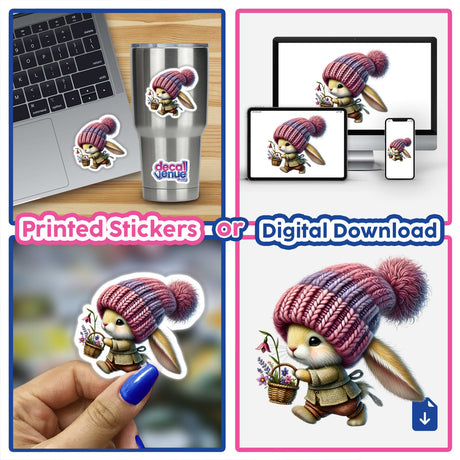 Adorable bunny gnome with a tiny basket, featured on a variety of Decal Venue digital artwork and printed stickers.