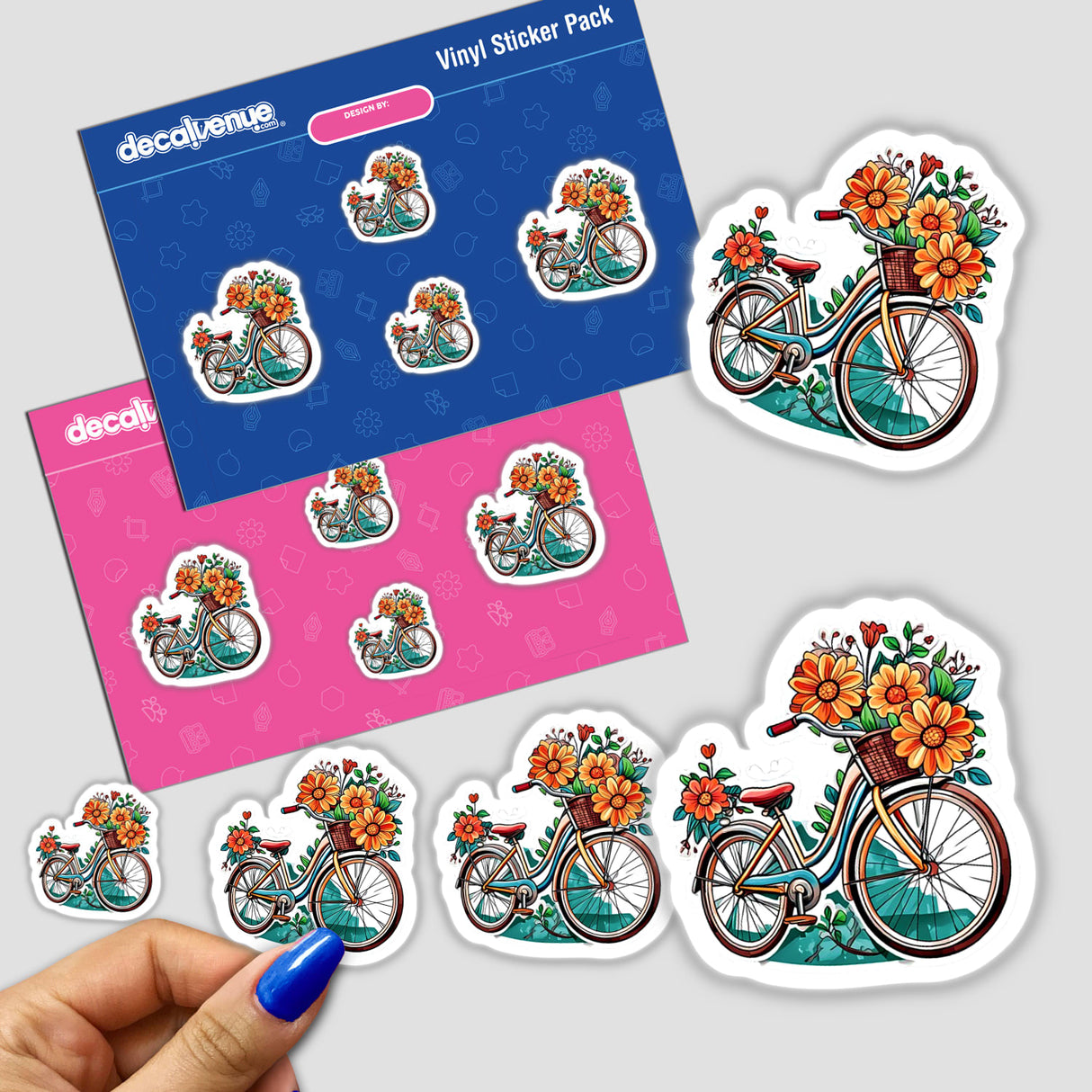 Colorful digital artwork of a floral bicycle on a sticker pack from Decal Venue, an online store selling unique stickers and digital art.