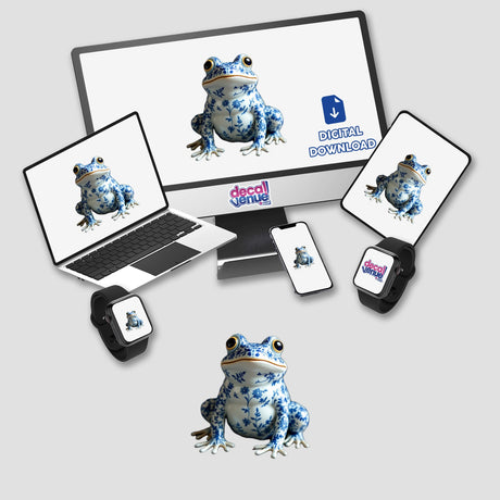 Chinoiserie Frog design displayed on a computer monitor and laptop screen, featuring a playful blue and white frog, available as stickers or digital artwork.