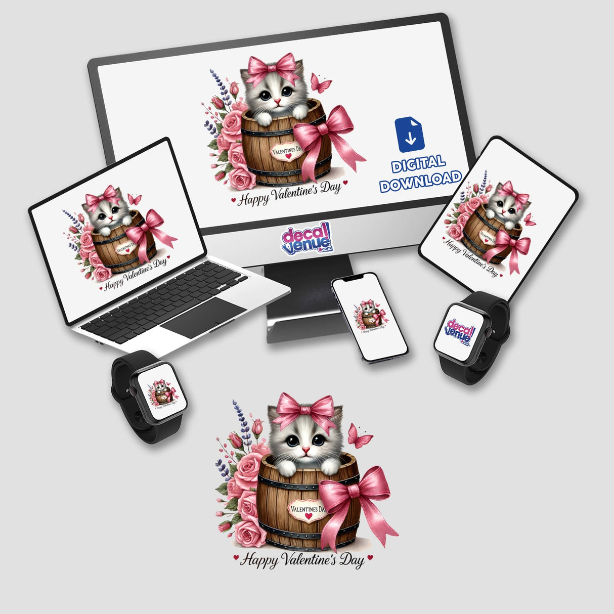 Coquette Valentine Cat Peeking From Barrel; features a cartoon cat with a bow, inside a floral barrel, displayed on a computer monitor and laptop. Available as stickers or digital artwork.