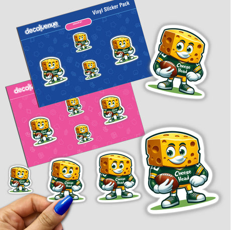 Cheese Head Football Fan sticker pack featuring cartoon cheese mascots holding footballs, available as unique stickers or digital artwork from Decal Venue.