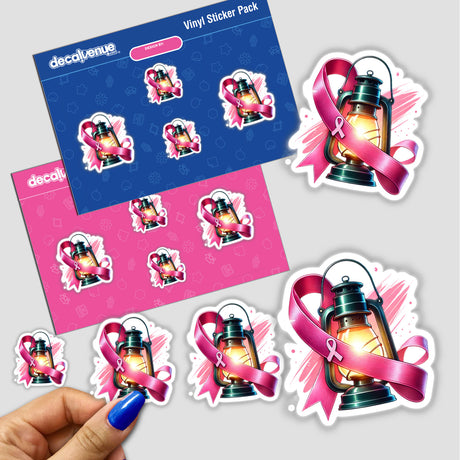 Pink Ribbon and Lantern Breast Cancer Awareness: Close-up of a hand holding a sticker pack featuring pink ribbons and lanterns, symbolizing breast cancer awareness. Available as stickers or digital artwork.