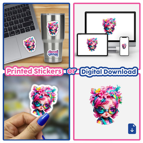 Cyberpunk Cutie: Pink-Haired Girl with Rainbow Floral Splash - collage featuring stickers and digital artwork on laptops and cups, showcasing the cartoon girl with pink hair and glasses.